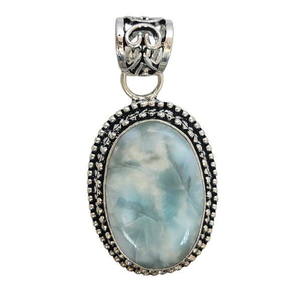 Sterling Silver Larimar Pendant – Oval Handmade Blue Stone Necklace - Picture 2 of 11